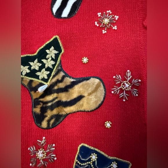Vintage Nutcracker Christmas Cardigan Sweater Red Animal Print Stockings medium - Picture 11 of 16